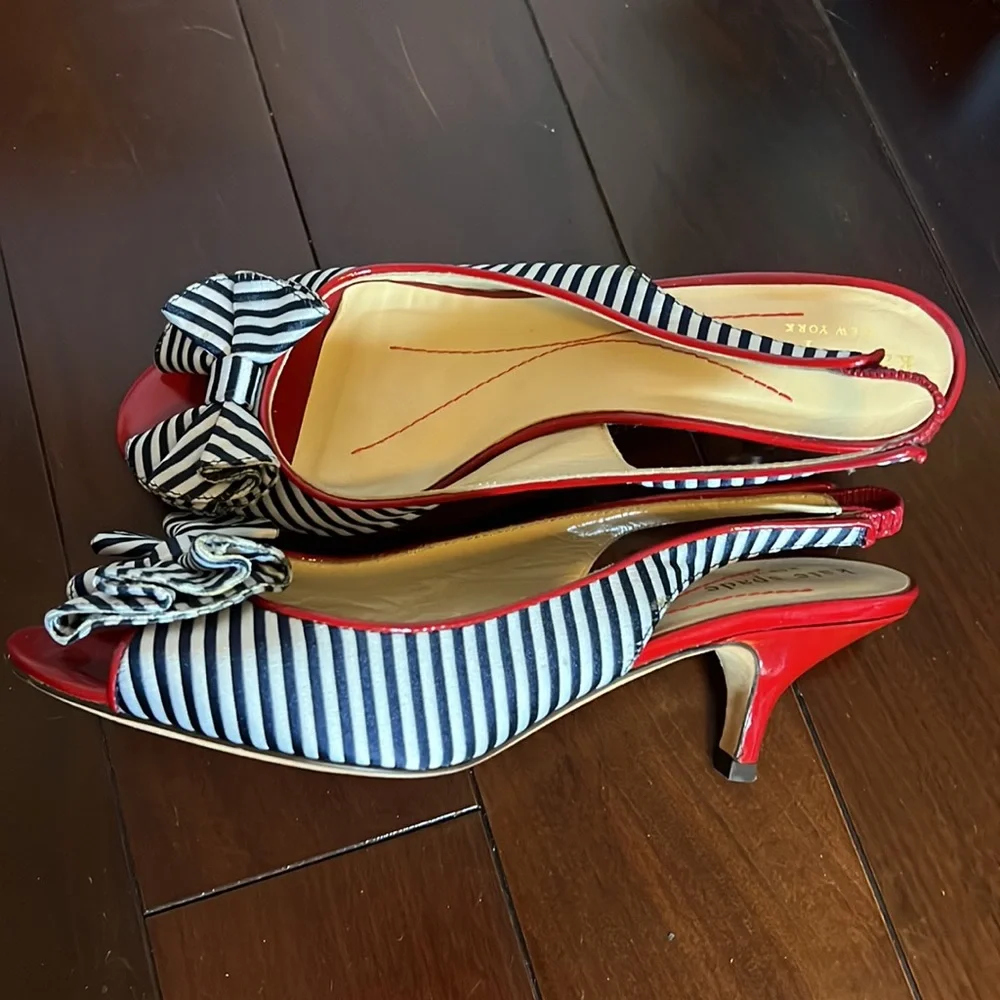 Striped (black/white with red accents) Kate Spade slingback kitten heels